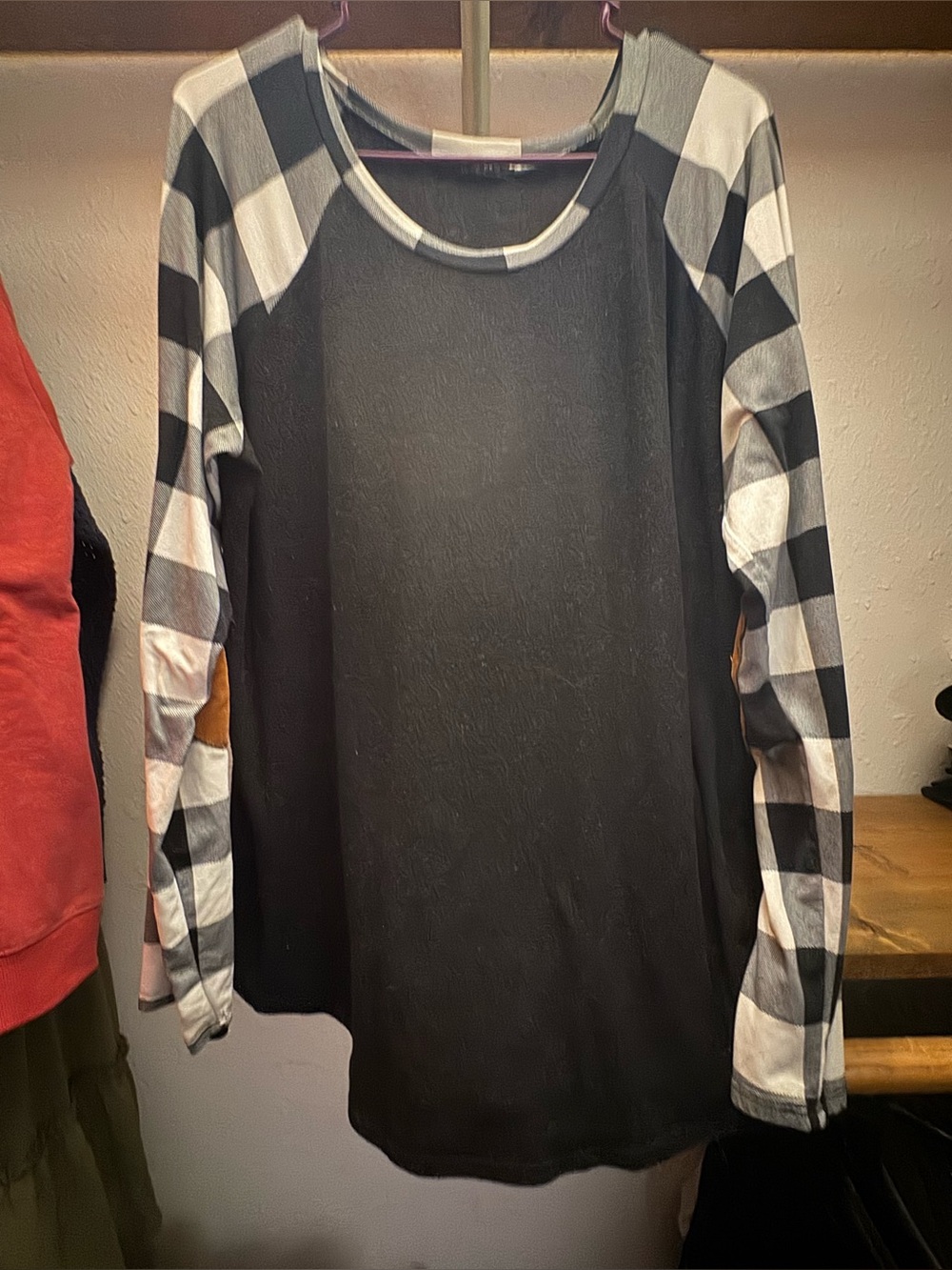 Women’s Black Raglan Top with Black & White Check Sleeves